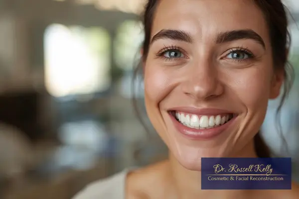 Adult patient in Orange, CA smiling confidently after receiving a ceramic dental crown from Dr. Russell Kelly