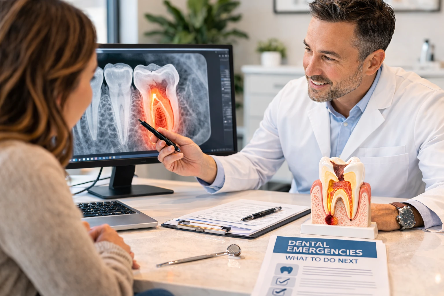 a photograph captures a caucasian dentist with sho